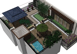 某现代中式屋顶庭院花园设计SU(草图大师)模型