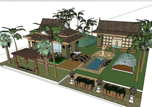 东南亚风格别墅建筑及庭院花园设计SU(草图大师)模型