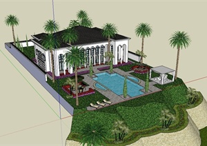 某美式风格详细别墅及庭院景观设计SU(草图大师)模型