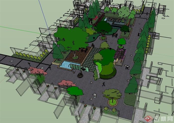 现代风格小区住宅中心景观设计su模型(3)