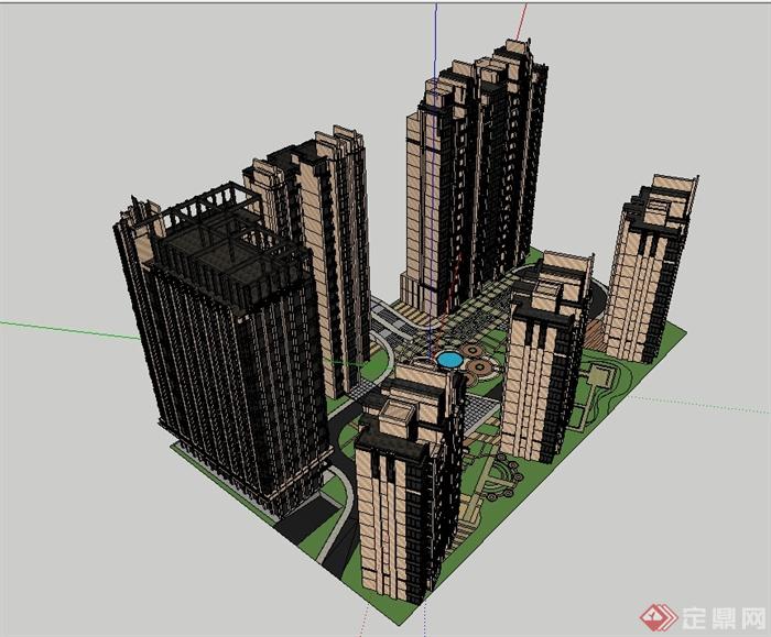某现代风格住宅地块建筑楼设计su模型(3)