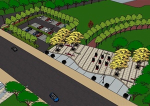 现代风格滨河公园三个入口设计及停车场SU(草图大师)模型