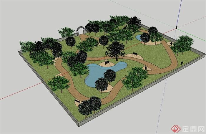 现代风格详细的小游园景观设计su模型(2)