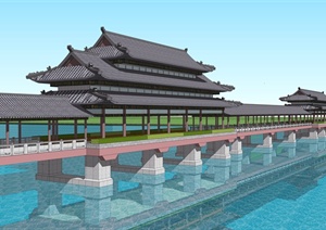 古典中式风格亭廊景观桥设计SU(草图大师)模型