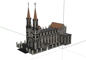 英式风格详细完整的天主教堂设计SU(草图大师)模型