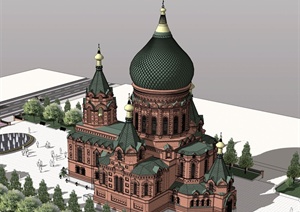 欧式风格圣索菲亚教堂建筑设计SU(草图大师)模型及成品图