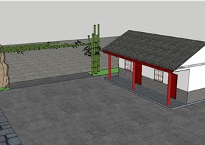 某现代中式风格单层住宅建筑及大门设计SU(草图大师)模型