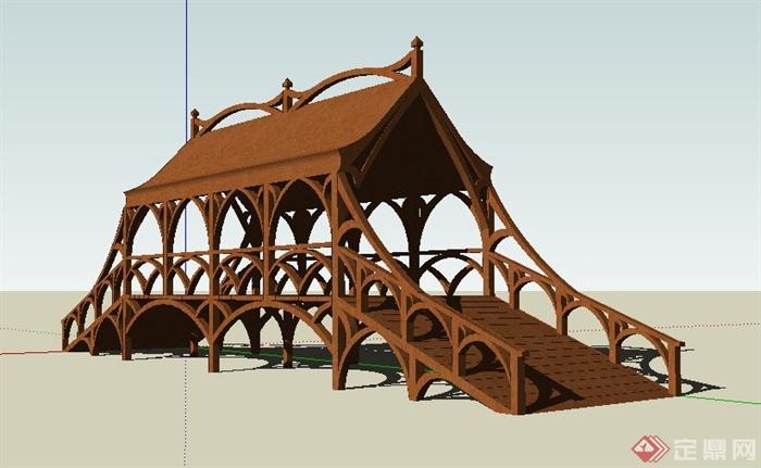 混搭风格木质廊桥设计su模型(3)