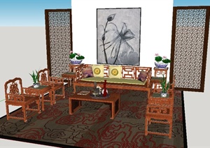某中式风格木质沙发茶几组合SU(草图大师)模型