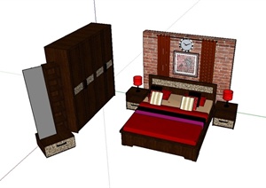 现代中式床榻衣柜组合设计SU(草图大师)模型