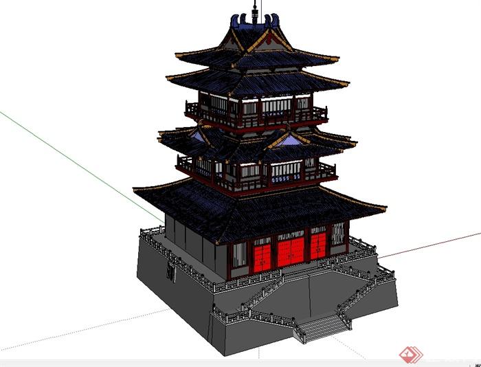 古典中式风格藏经阁塔楼建筑设计su模型(1)