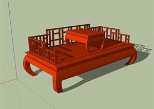 中式红色的床榻设计SU(草图大师)模型