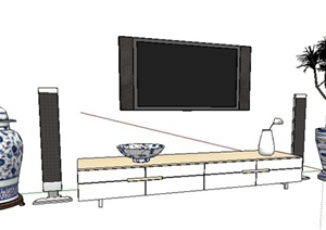 现代电视及电视柜组合家具陈设SU(草图大师)模型