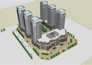 法式商业及高层办公区建筑楼设计SU(草图大师)模型