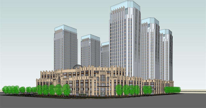 法式商业及高层办公区建筑楼设计su模型