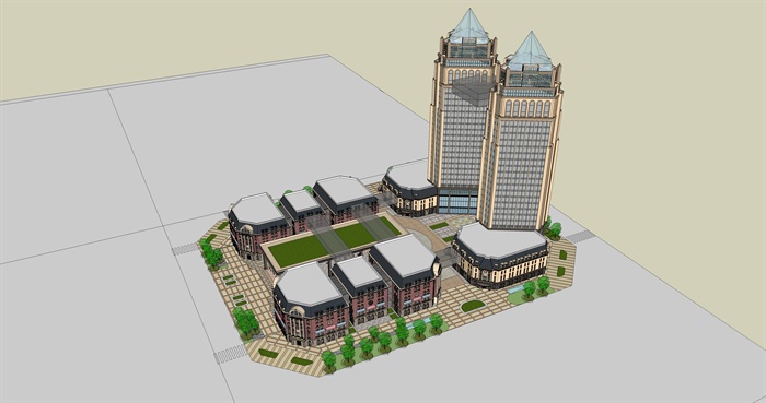 法式商业及高层办公区建筑楼设计su模型