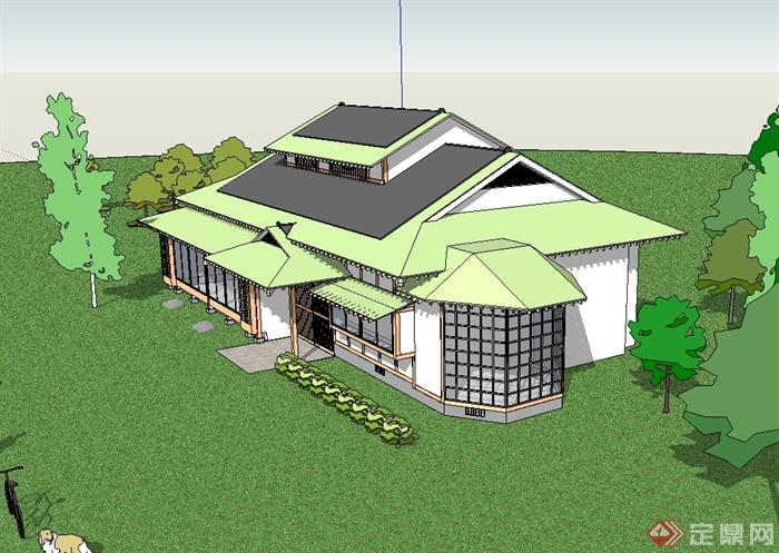 日式风格坡屋顶别墅设计su模型(1)