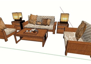 中式风格木质沙发茶几组合家具SU(草图大师)模型