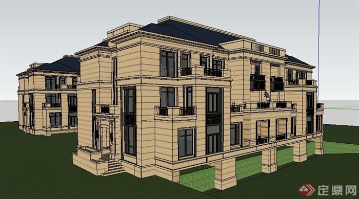 两栋新古典风格多层住宅建筑设计su模型(1)