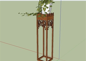 现代中式风格木质室内花架桌设计SU(草图大师)模型