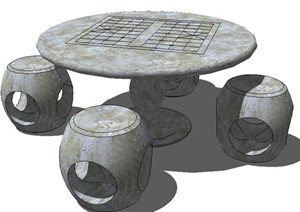 中式风格圆形石桌凳素材SU(草图大师)模型