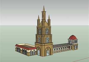 某英式风格详细的单层建筑及塔楼设计SU(草图大师)模型