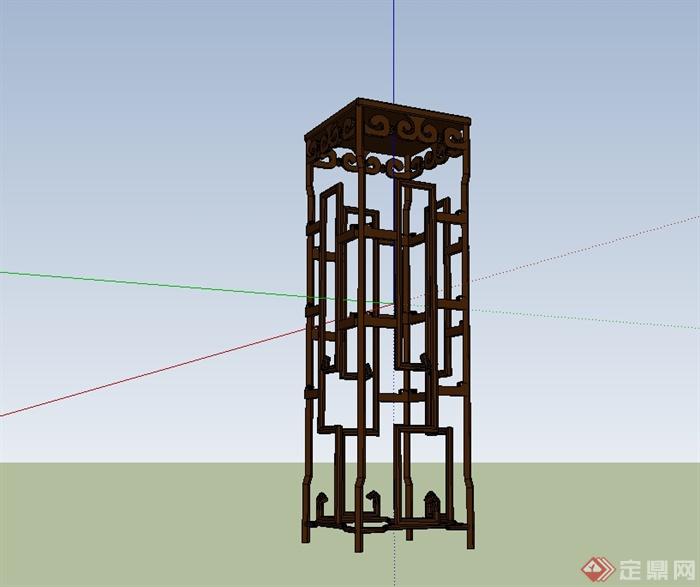 现代中式木桌置物花架设计su模型(3)