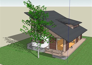 现代风格斜坡屋顶别墅住宅设计SU(草图大师)模型