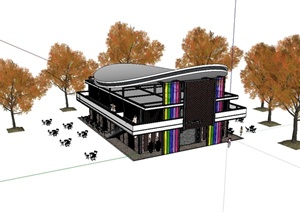 新民族现代主义小咖啡厅建筑楼设计SU(草图大师)模型