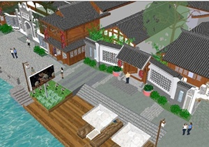 新中式滨河商业酒吧街SU(草图大师)模型