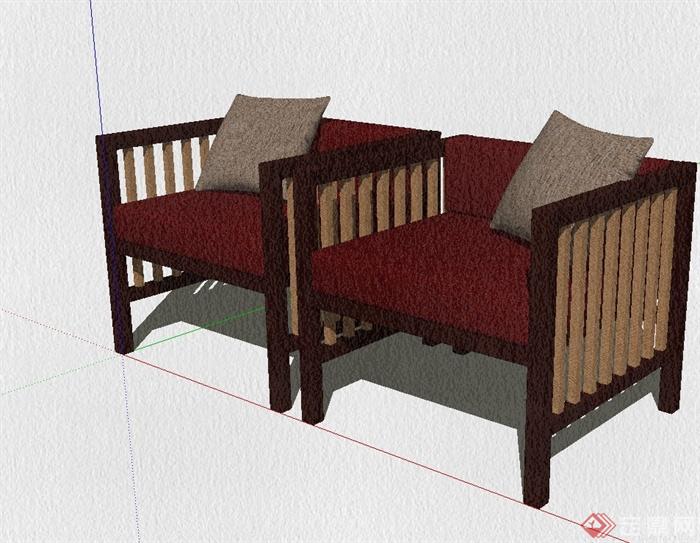 现代中式风格两个沙发椅子设计su模型(1)
