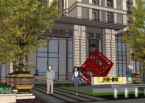 酒店建筑及入口景观方案SU(草图大师)精致设计模型