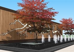 新中式树枝浮雕景墙Su精致设计模型
