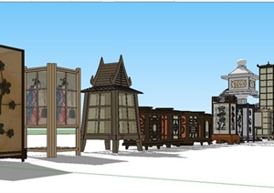 古典中式园林石灯和木灯组件SU(草图大师)精致设计模型