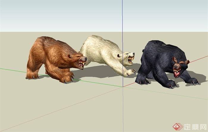 三只不同造型颜色的熊设计su模型(1)