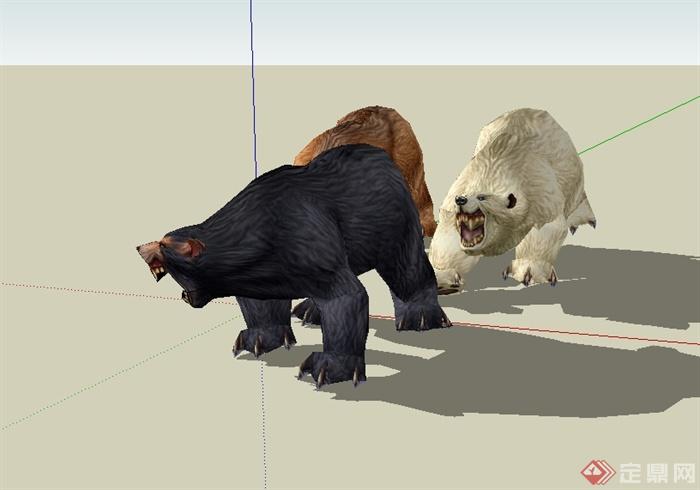 三只不同造型颜色的熊设计su模型(2)