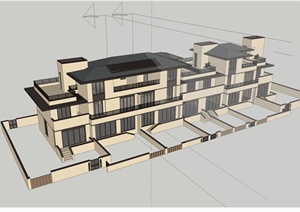 某欧式风格详细的联排别墅SU(草图大师)模型及CAD案图