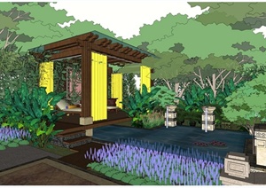 东南亚风格别墅建筑及庭院景观设计SU(草图大师)模型