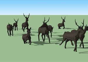 一群九只小鹿奔跑雕塑SU(草图大师)精致设计模型