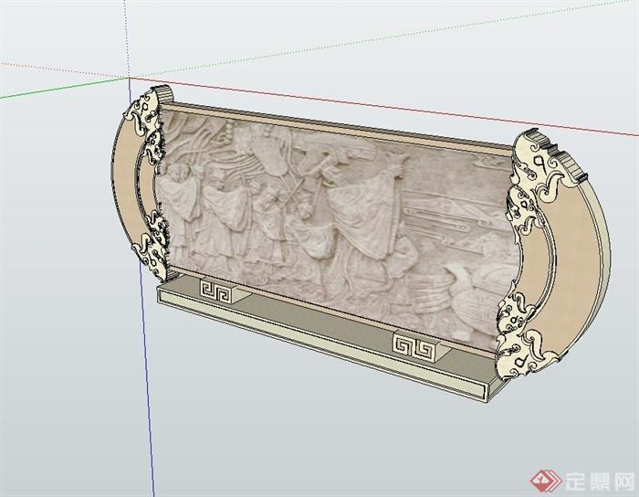 现代中式风格雕刻景墙设计su模型(3)