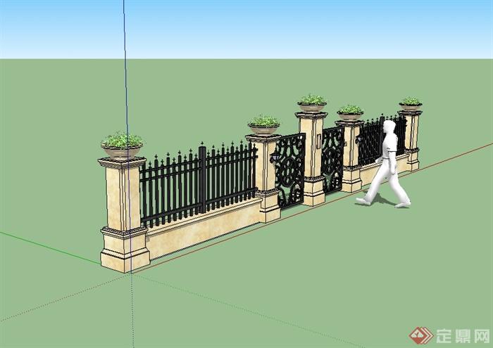 欧式风格详细的铁栏杆围墙su模型(1)
