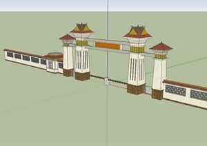 古典中式风格入口学校大门设计SU(草图大师)模型