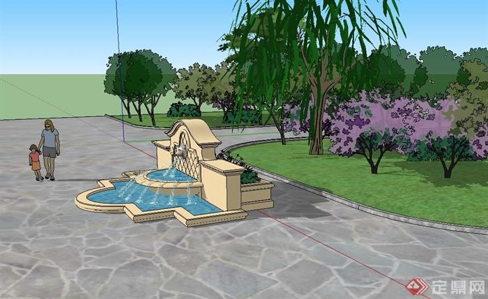 欧式兽首喷水景墙设计su模型(3)