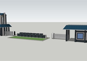 现代中式风格详细的学校大门SU(草图大师)模型