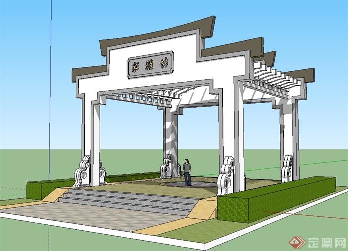 中式风格详细的大门门廊设计su模型(1)