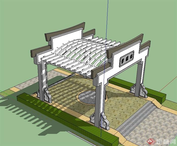 中式风格详细的大门门廊设计su模型(2)