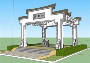 中式风格详细的大门门廊设计SU(草图大师)模型