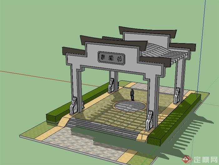 中式风格详细的大门门廊设计su模型(3)