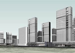 CBD中央办公、商业与居住区总体规划SU(草图大师)综合体模型