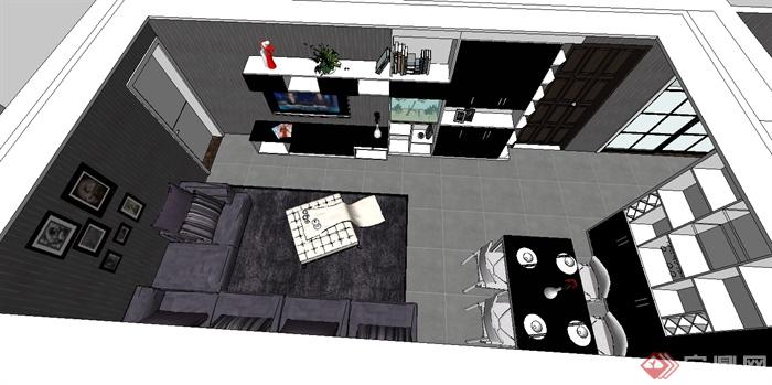 现代风格详细的室内客餐厅空间设计su模型(2)